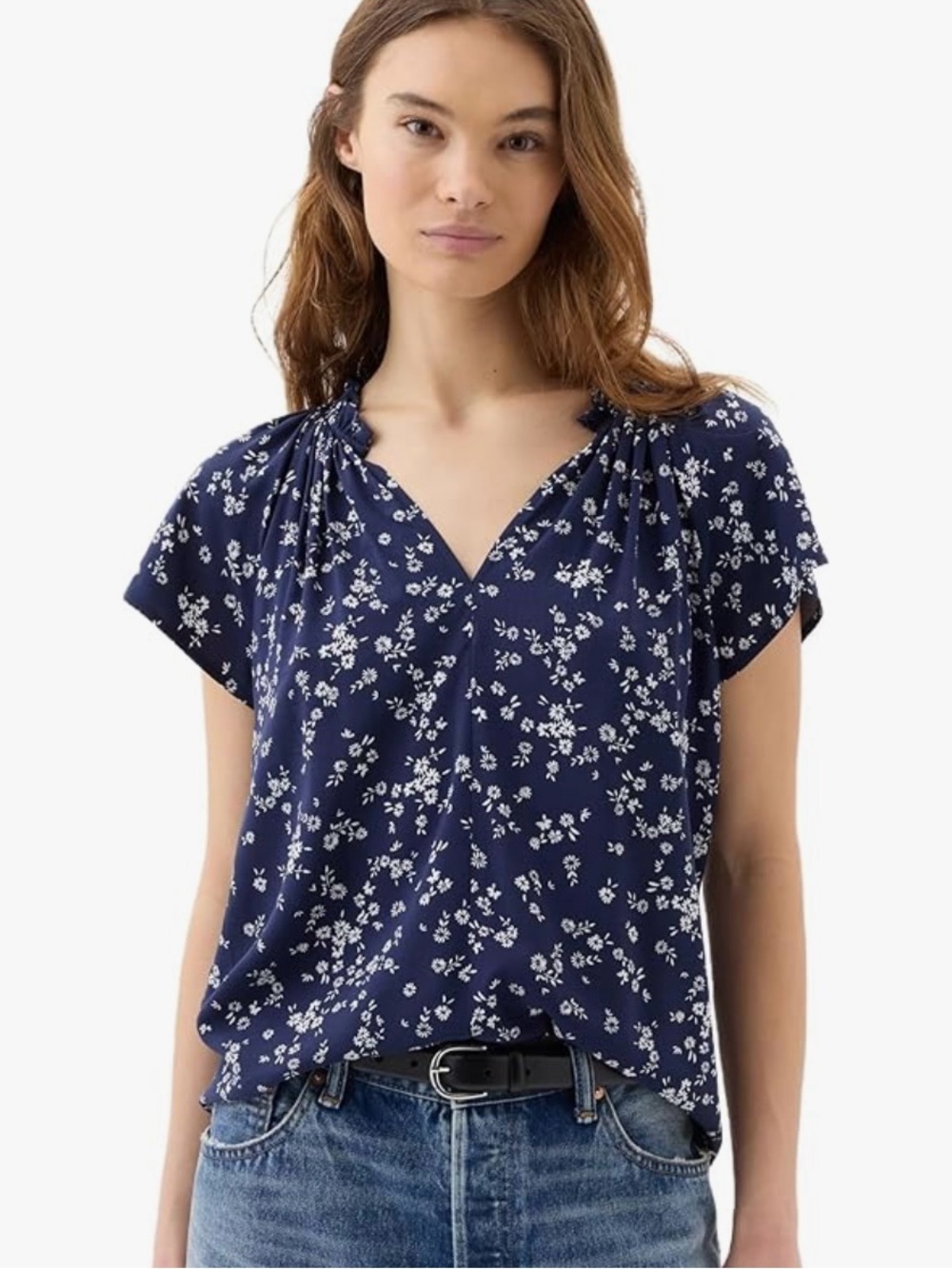 GAP Navy Floral V-Neck Short Sleeve Blouse